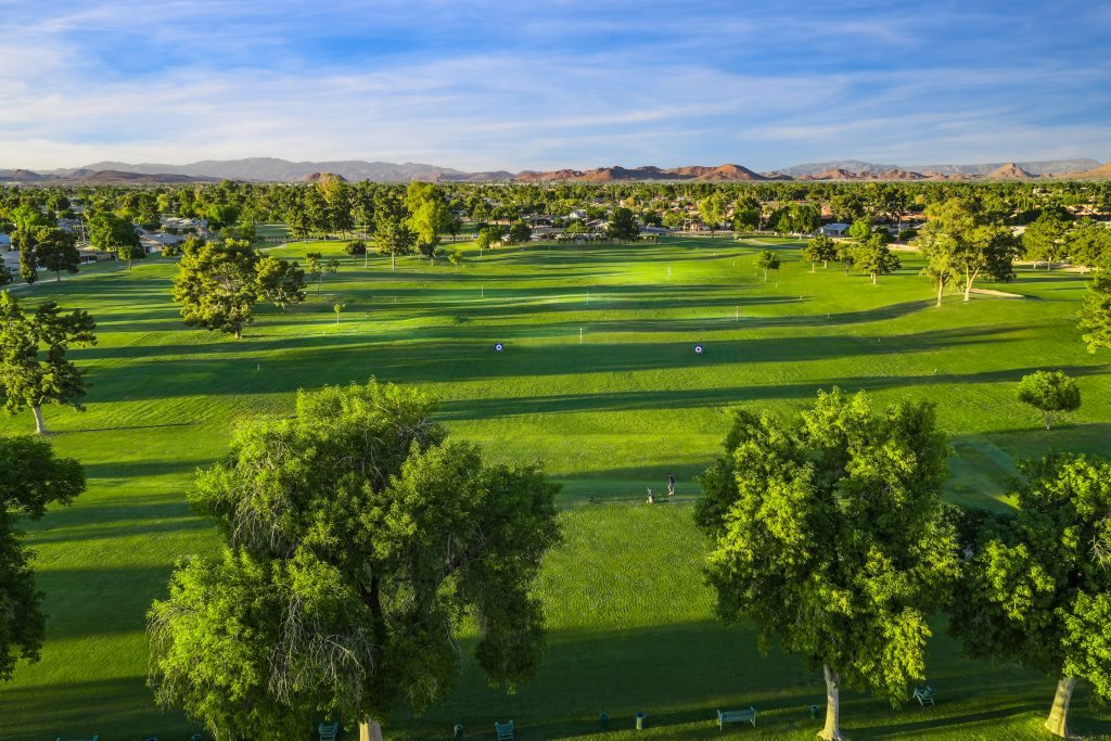 Aerial photo of the golf driving range at Union Hills Golf Club in Sun City, AZ